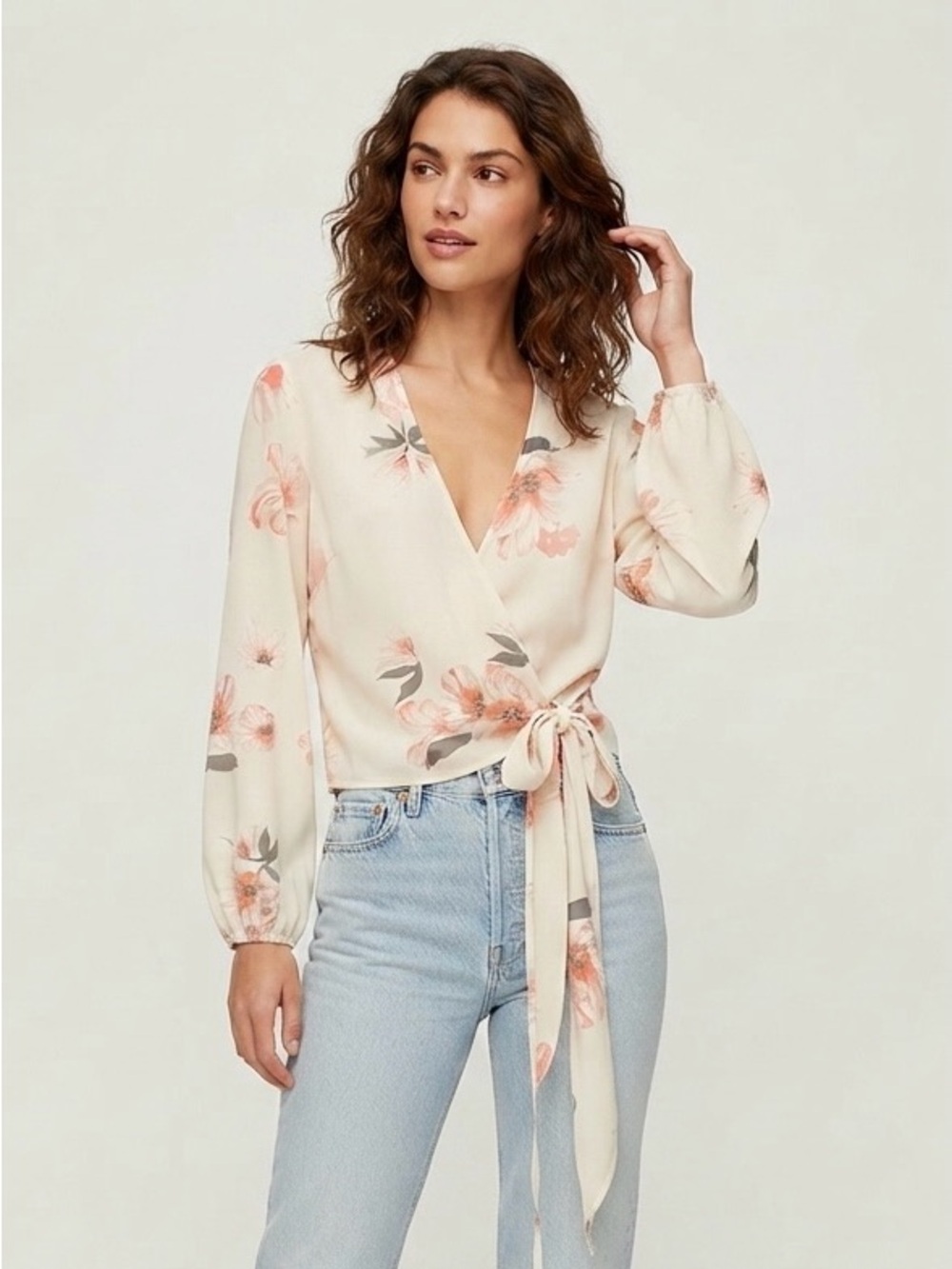 Wilfred Cream Floral Wrap Blouse with Peach Accents